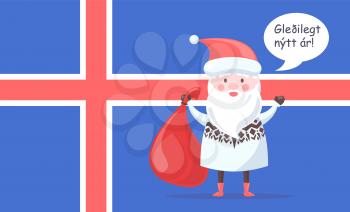 Santa Claus in knitted sweater with ornament greets with happy New Year in Icelandic language with national flag behind vector illustration.