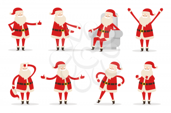 Santa collection of icons, winter character with long beard wearing red costume sitting on grey armchair and showing emotions vector illustration