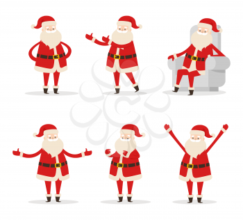 Santa collection of icons, winter character with long beard wearing red costume sitting on grey armchair and showing emotions vector illustration