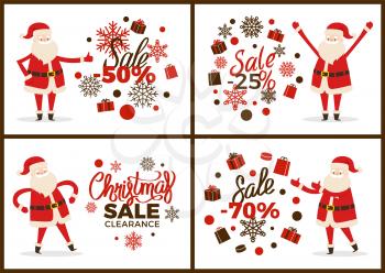 Christmas sale clearance banner with Santa Claus and discount values surrounded by snowflakes. Vector illustration with special offer on white background