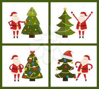 Santa Claus and Christmas tree set of four posters on white background. Vector illustration with fairytale character and decorated green bright spruce