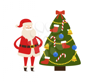 New Year tree and Santa Claus vector illustration poster with decorated spruce fir and Saint Nicholas character vector illustration isolated on white