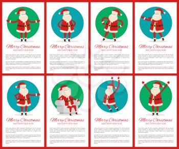 Merry Christmas big collection of posters with sample text and titles, images of Santa Claus in circles, creative banners vector illustration