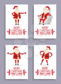 Happy New Year and merry Christmas Santa congrats on set of light posters. Vector illustration with fairytale winter character on white background