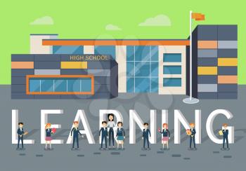 Learning in upper school concept. Modern school building with happy pupils and teacher on school yard flat vector. Children s education. Learning favorite school subjects. For private school web page