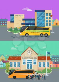 Elementary and high school concepts. Modern school buildings with bus and teacher with pupils on school yard flat vector illustrations. Primary education. Learning in good school. Teaching children