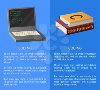 Coding banner with portable computer and thick textbooks for informatics studies vector illustration with place for text. Open laptop with program code on screen.