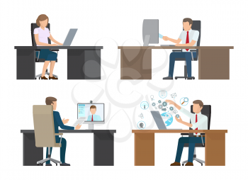 Video conference of people talking about business questions, woman and man sitting by table opposite computer vector illustration isolated on white