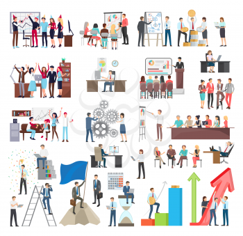 Set of icons on business theme representing workers activity, such as partying, thinking and planning project, meeting vector illustration
