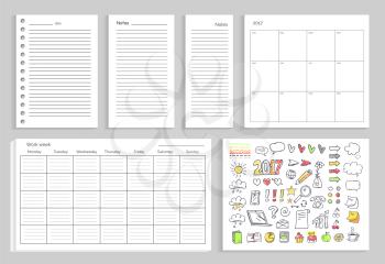 Set of calendars, annual and daily planning, work week and icons of diagram, marks and year sign vector illustration isolated on white background