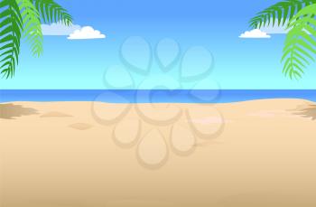 Summer background with palm leaves in the corner, calm sea and horizon of blue sky. Vector illustration of natural landscape in hot summer day