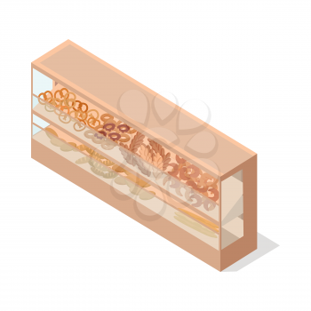Pastries in shop showcase isometric vector illustration. Baked products on supermarket shelves 3d model isolated on white background. Grocery store equipment isometry for game, app, icon, web design