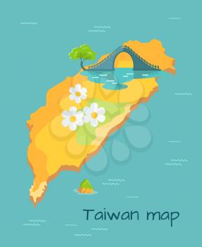 Taiwan Map with big white camomile and New Moon Bridge on the island in sea. Chinese island in Pacific Ocean vector illustration. Famous place with amazing unusual architectual construction.