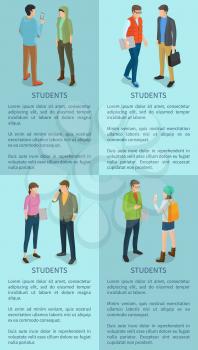 Students isolated vector illustration on collection of posters with light blue background. Cartoon style casually-dressed men and women during break
