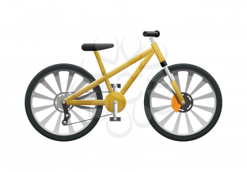 Transport. Picture of isolated contemporary yellow bicycle. Fast two-wheeled mean of transportation in flat cartoon design. Helm, seat and circle in black frame. Closed strong chains. Vector
