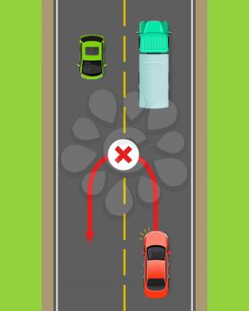 Banned car u-turn flat vector illustration. Road rule violation example on top view diagram. Traffic offences concept. Danger of car accident. Driving theory lesson. For driving courses test