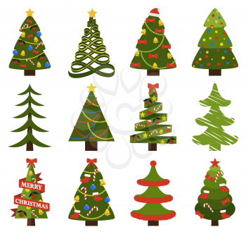 Abstract spruces with garlands and toys, topped by hat or star vector on white. Big set of Christmas tree symbols with or without decorative elements