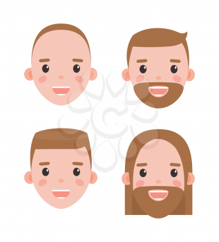 Male heads shaved and bearded with hairstyles set. Mens heads with long and short brown hair, smooth and hairy faces isolated vector illustrations.