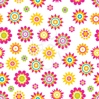 Vector illustration of springtime flowers in cartoon style seamless pattern, blooming elements isolated. Abstract flowers made of geometric figures