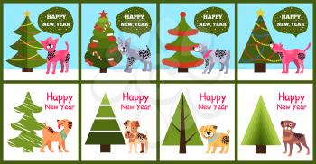 Happy New Year greetings from cartoon dogs standing near decorated xmas trees vextor illustration posters set isolated on white background