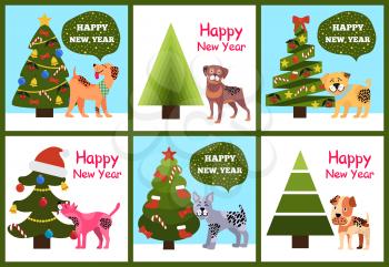 Happy New Year greetings from cartoon dogs standing near decorated xmas trees vextor illustration posters set isolated on white background