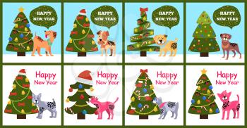 Cartoon dogs symbol of 2018 wishes Happy New Year in speech bubbles, greeting Merry Christmas posters, xmas trees and puppies vector illustrations