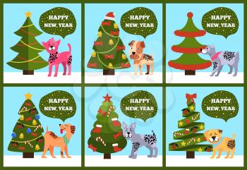 Greeting cards on blue background, merry wishes Happy New Year from dotted puppies under Christmas trees set vector illustration postcards with dogs