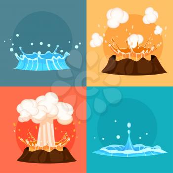 Concept of blue geyser and red-hot volcano four icons. Magma nature blowing up with lava flowing down set. Fountain or splash of hot water from ground. Vector illustration cartoon style flat design