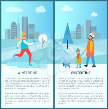 Wintertime city park posters with ice-skating man and family of mother and kid walking dog. Vector illustration with happy people in snowy town park