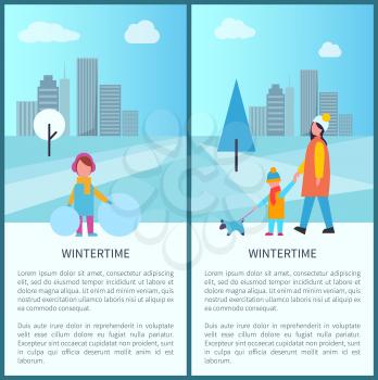 Wintertime park activities, family walking pet and kid making snowman in city park. Vector illustration with people on snowy urban background posters