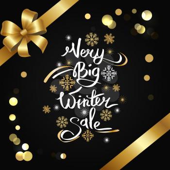 Very big winter sale inscription on snowflakes vector on black, glittering elements, bow and ribbons. Stylish advertising poster with calligraphic text