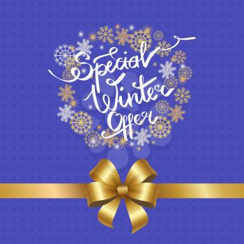 Special winter offer poster on blue background with small squares, with golden ribbon in bottom, decorative frame made of snowflakes vector