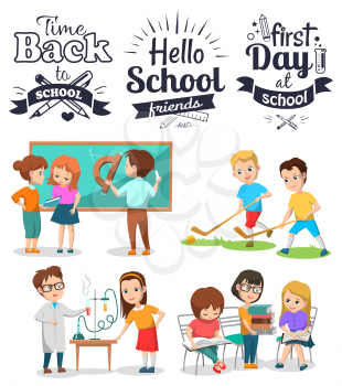 Time to back, first day at school, hello friends poster. Girl and boy educating, chemistry and library club, pupils playing hockey, classmates vector. Back to school concept. Flat cartoon