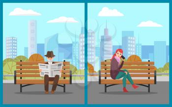 Senior man reading newspaper vector, woman talking on phone sitting on bench. People spending time in city park. Cityscape with skyscrapers and towers. Autumn park. Flat cartoon