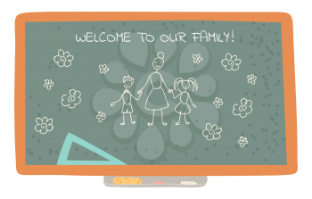 Education vector, blackboard with drawing made with chalk. Welcome to your class, teacher and kids, flowers and floral elements. Flat style board. Back to school concept. Flat cartoon