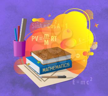 Mathematics and physics abstract liquid shape, educational books, office and paper, ruler and pencil, bright spot and formulas on blue, studying vector. Back to school concept. Flat cartoon