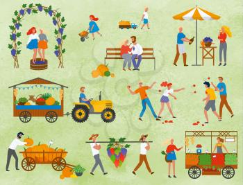 Assortment of vegetables and fruit on harvest festival in europe. People drinking and eating, playing with tomatoes, vineyard and market place. Funny spending time on harvest festival. Flat cartoon