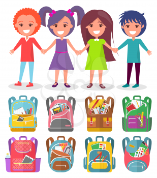 Smiling kids standing together with holding hands, backpack label. Sticker of school bag with notebook and pencil, pupils character, student vector. Back to school concept. Flat cartoon