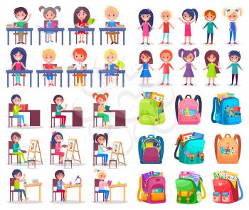 School bag, smiling girl and boy reading, writing or painting. Backpack sticker, pupils studying, education symbol, children learning with book vector. Back to school concept. Flat cartoon