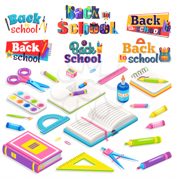 School vector, isolated book and textbook, notebook and pencil. Glue and ruler, scissors and palette with paint crayons. Discipline education. Back to school concept. Flat cartoon isometric 3d