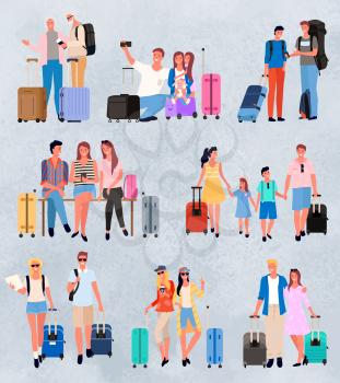 Traveling group family couple, people going on summer vacation. Cartoon characters, tourists and travelers with luggage, suitcases and bags vector. Group of young friends. Famify weekend. Flat cartoon