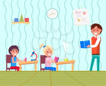 Pupils listening to teacher with book vector, classroom with desks and microscopes for experiments. Classmates conducting researches with substances. Back to school concept. Flat cartoon