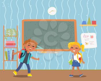 Happy smiling elementary school students. Boy and girl pupils. Interior of classroom with furniture, chalkboard and bookshelf vector illustration. Back to school concept. Flat cartoon