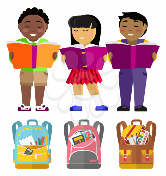 Pupils afroamerican, indian and asian with books and schoolbags, school students. Reading class, boys and girls with textbooks, backpacks or rucksacks with supplies. Back to school. Flat cartoon