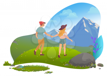 Mountain tourism, hiking and couple in mountains traveling vector. Travelers and landscape, romantic weekend, trip and adventure, man and woman, nature. Mountain tourism