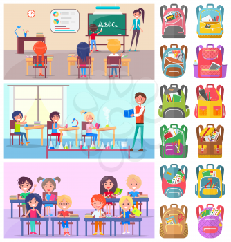 Teacher and pupils in classroom, classmates studying. Backpack sticker, girl and boy sitting at desktop with book, chemistry and language lesson vector. Back to school concept. Flat cartoon