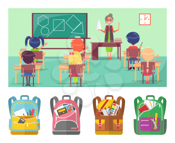 Geometry educational lesson in primary school. Teacher explaining material for pupils. Under picture placed backpacks with stationery vector illustration. Back to school concept. Flat cartoon
