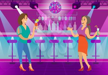 Woman talking to friend in nightclub vector, clubbing lady with alcoholic beverage. Drinking alcohol in club, character on dancing floor, bar with bottle