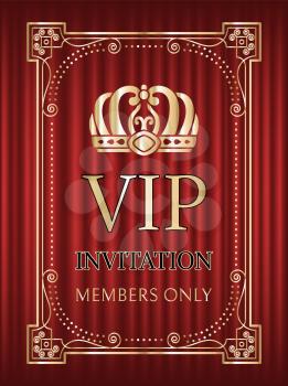 Vip invitation vector, crown and royal signs service for members only. Frame with golden elements, bokeh and red curtain, shining decoration glowing. Red curtain theater background