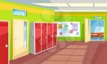 Hallway with lockers and tables with info vector, classroom with open doors. Interior of school corridor and rooms, view from inside 3d isometric. Back to school concept. Flat cartoon